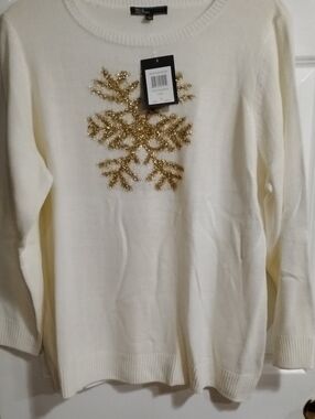 89th & Madison Cream Crewneck Sweater with Gold Snowflake